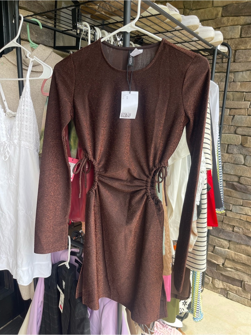H&M Brown Shimmer Ruched-Waist Mini Dress